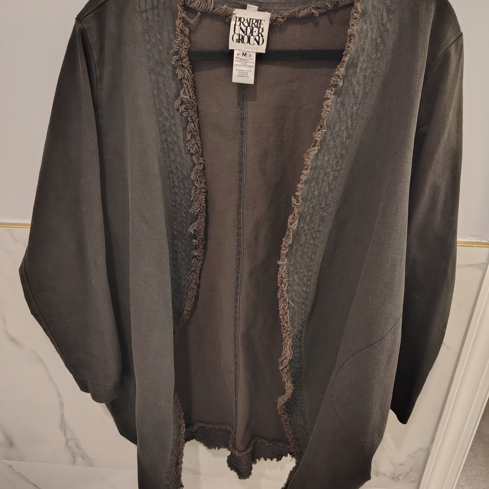Prairie Underground dark Denim Distressed Trim Long Open Jacket - Picture 10 of 15